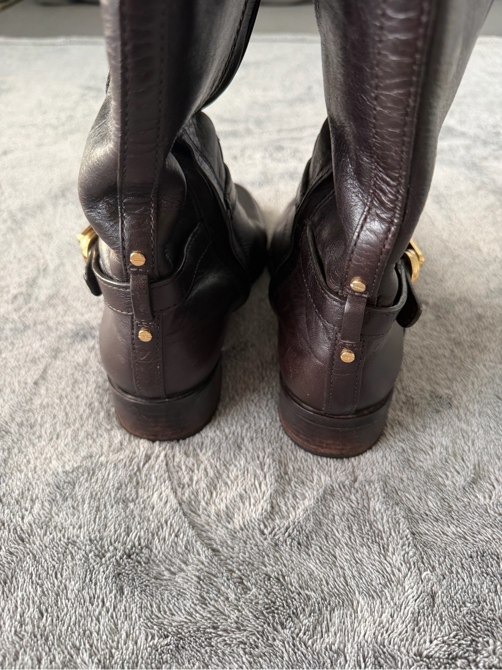 Tory Burch Black Leather Tall Buckle Boots with Gold Logo - Picture 5 of 8